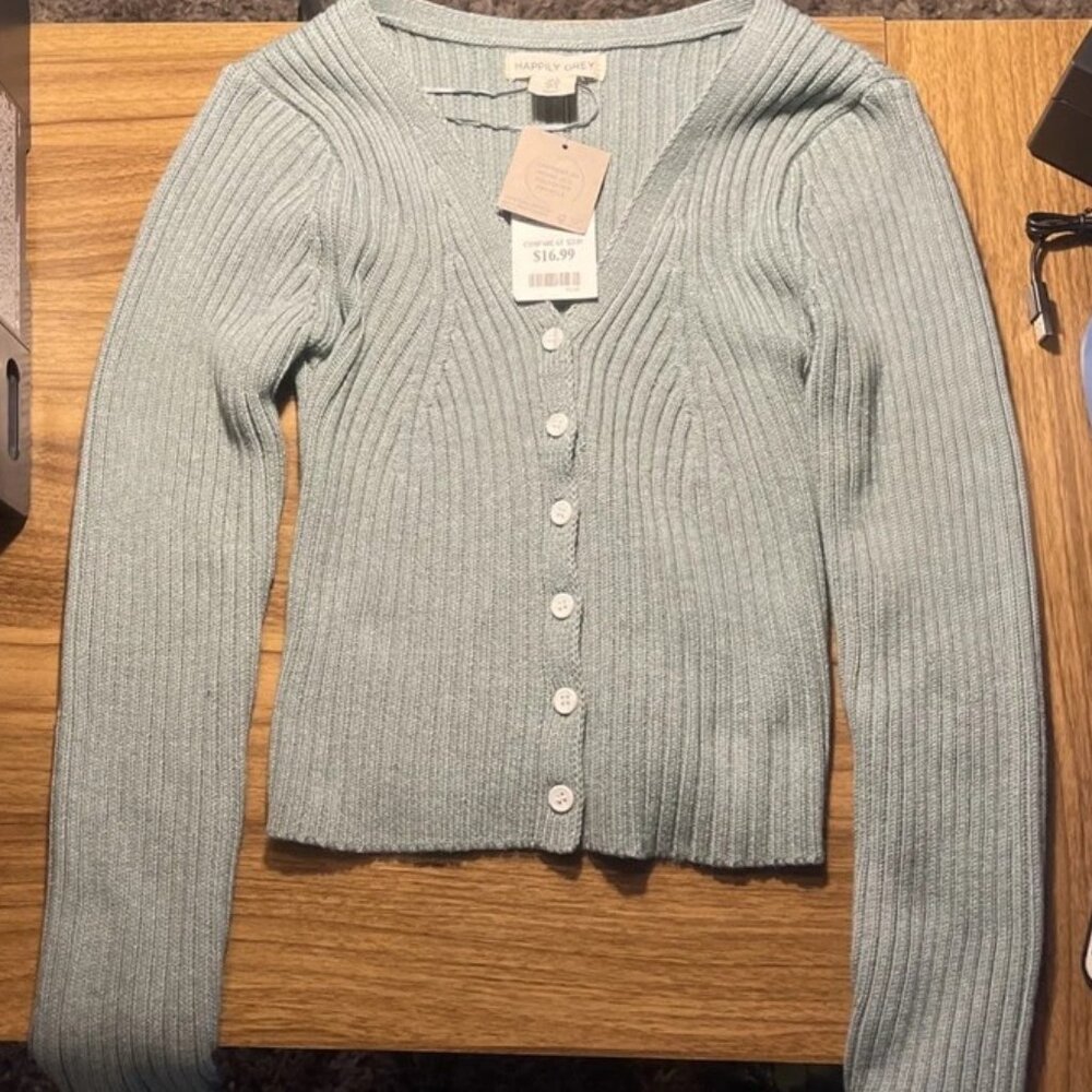 Happily Grey Green Button Sweater Size (S) NWT
